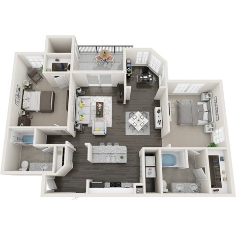 Floor plan for 2 beds, 2 baths, 1257 sqft